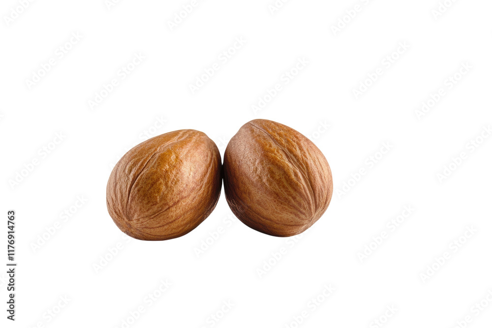 Two whole nuts lying on a plain background showcasing their smooth textures and natural brown color
