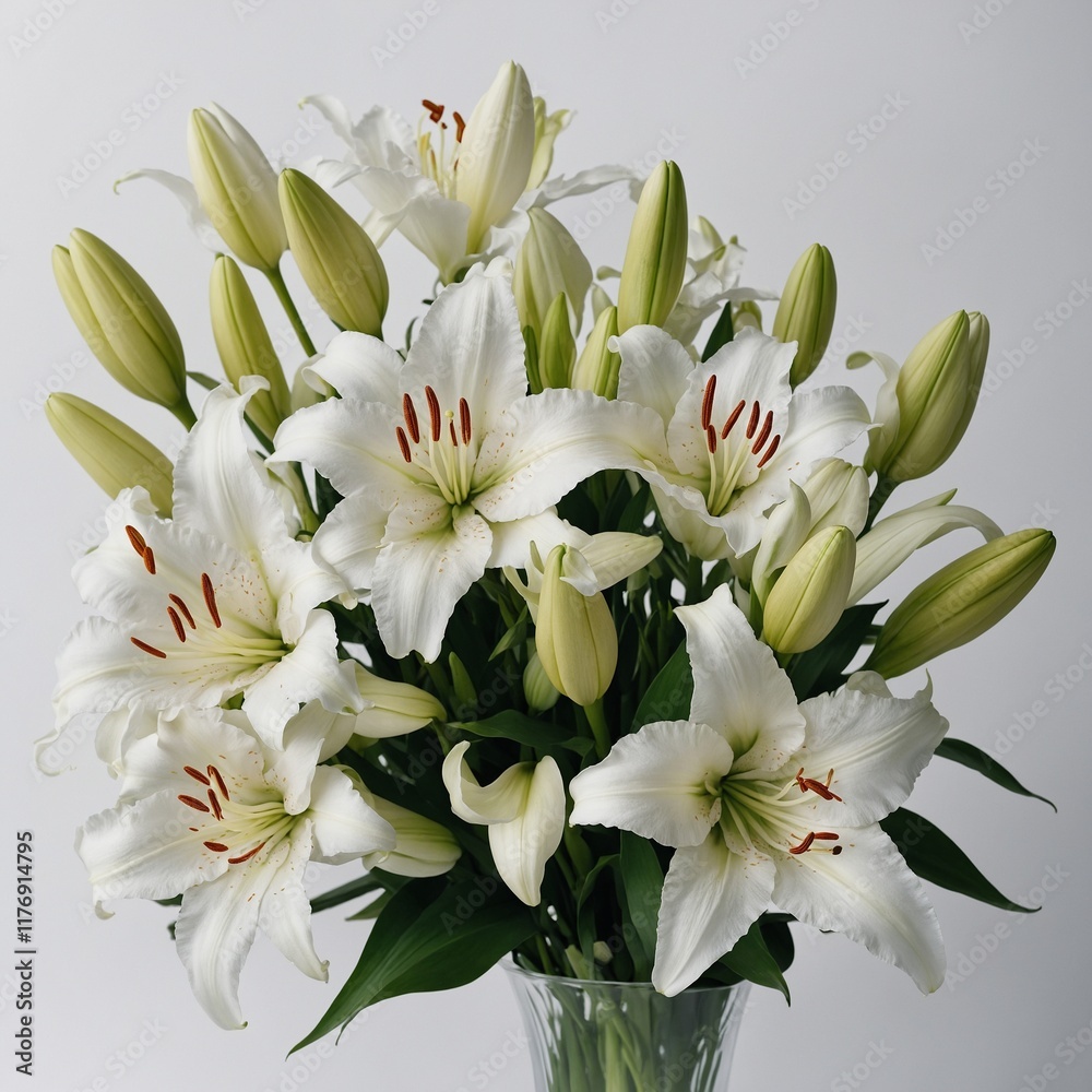 Obraz premium A delicate bouquet of white lilies with soft petals, set against a pure white background.