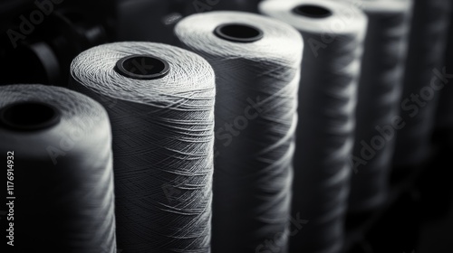 industrial spools of white thread, dramatic studio lighting, metallic sheen, high contrast photography, detailed textile texture, factory aesthetic, monochromatic composition