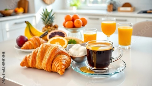 Wallpaper Mural An elegant breakfast spread featuring golden croissants, a variety of fresh tropical fruits, a cup of rich espresso with a delicate crema on top Torontodigital.ca