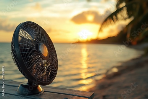 Electric fan sits on a table by the shore, capturing a vibrant sunset over the water