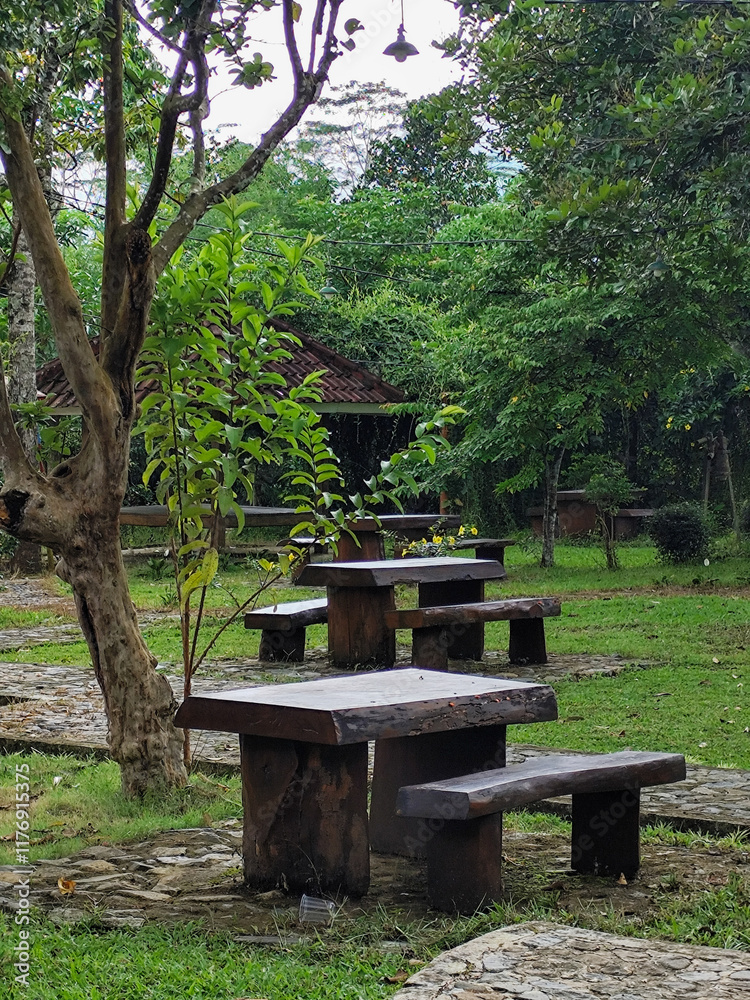 Wooden chairs and tables in a tropical garden among the foliage. The exterior of a cafe or lounge area. Wooden chairs and tables in a tropical garden among the foliage. The exterior of a cafe or lounge area.
