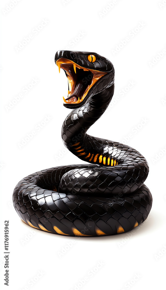 A striking black snake, poised in a defensive posture, showcasing its powerful form and vibrant yellow eyes. A striking black snake, poised in a defensive posture, showcasing its powerful form and vibrant yellow eyes.