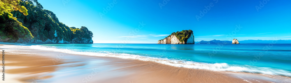 A stunning beach with clear turquoise waters, golden sand, and scenic rock formations under a bright blue sky. A stunning beach with clear turquoise waters, golden sand, and scenic rock formations under a bright blue sky.