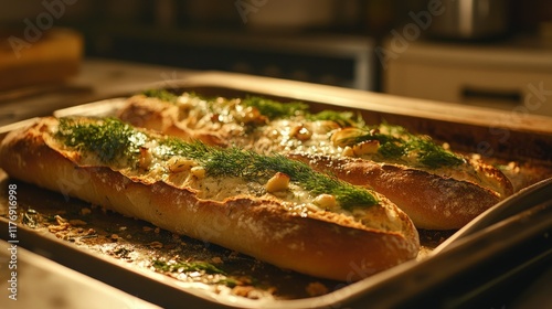 Wallpaper Mural A cozy kitchen scene featuring a baguette topped with garlic, dill, and rosemary, fresh from the oven and ready to serve Torontodigital.ca