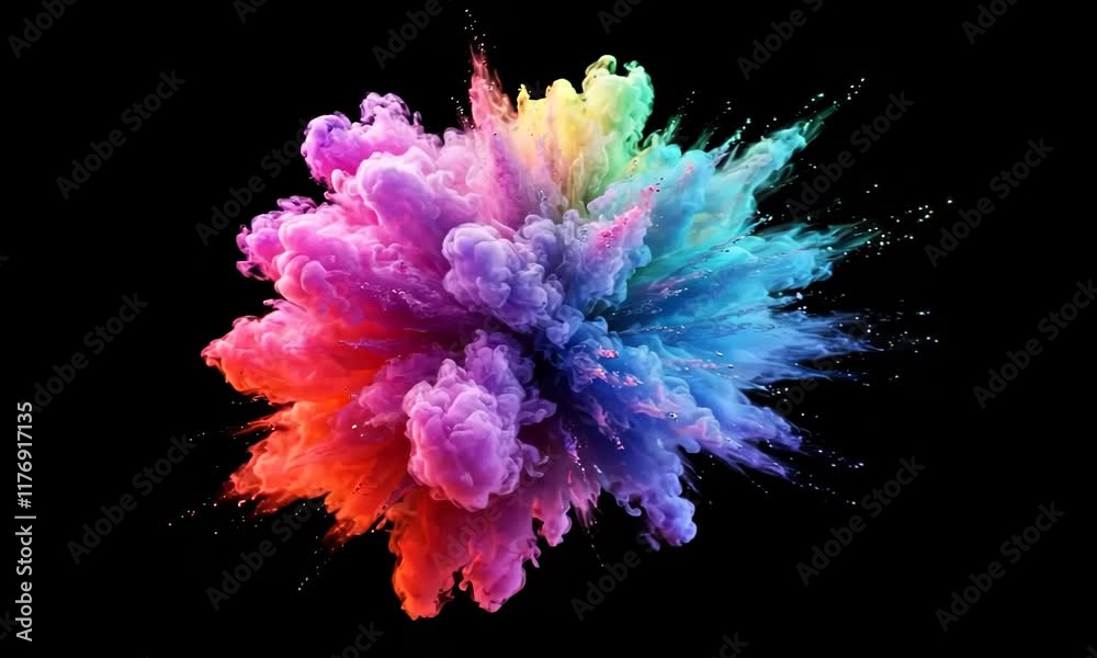 Colorful explosion of vibrant powder creating a dynamic burst of vivid colors. isolated on black background, chroma key overlay transparent alpha VFX. Holi