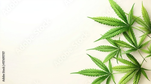 Green cannabis leaves arranged on a light background.