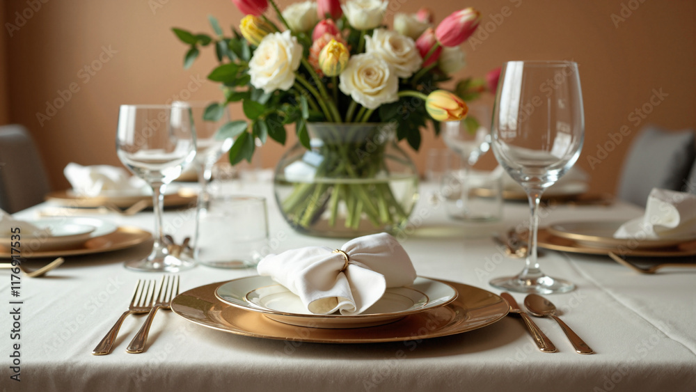 Elegant Table Setting with Floral Centerpiece: Perfect for Fine Dining, Wedding, and Event Planning Marketing Elegant Table Setting with Floral Centerpiece: Perfect for Fine Dining, Wedding, and Event Planning Marketing