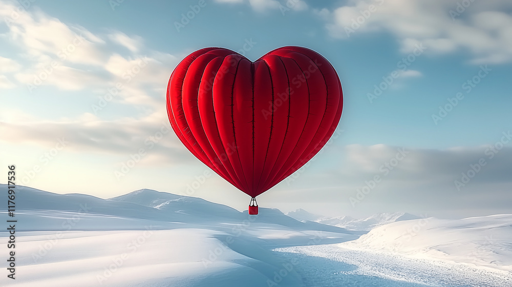 Fototapeta premium Heart-Shaped Hot Air Balloon Over Snowy Landscape