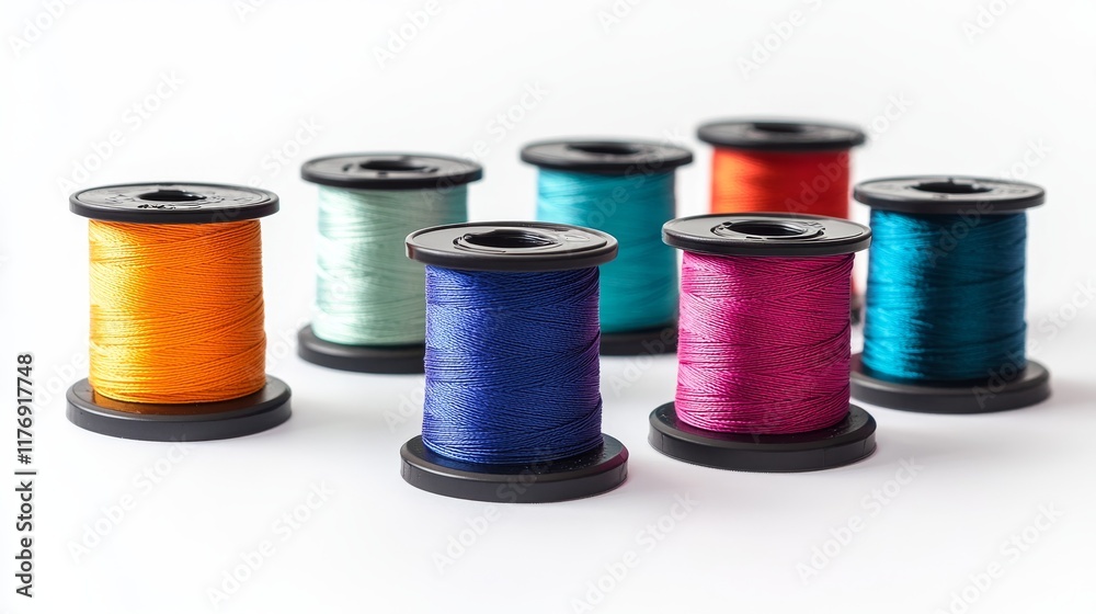 colorful thread spools collection, macro photography, vibrant textile colors, black plastic bobbins, professional studio lighting, overhead composition, high contrast details, craft supply arrangement colorful thread spools collection, macro photography, vibrant textile colors, black plastic bobbins, professional studio lighting, overhead composition, high contrast details, craft supply arrangement
