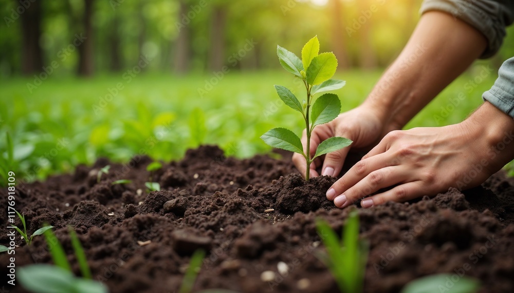 Caring Hands Planting Young Sapling in Rich Soil with Green Garden Background Caring Hands Planting Young Sapling in Rich Soil with Green Garden Background