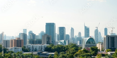 Green city skyline with sustainable architecture and renewable energy, backdrop, modern, urban photo