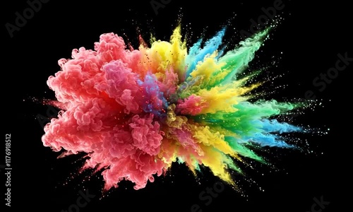 Colorful explosion of vibrant powder creating a dynamic burst of vivid colors. isolated on black background, chroma key overlay transparent alpha VFX. Holi