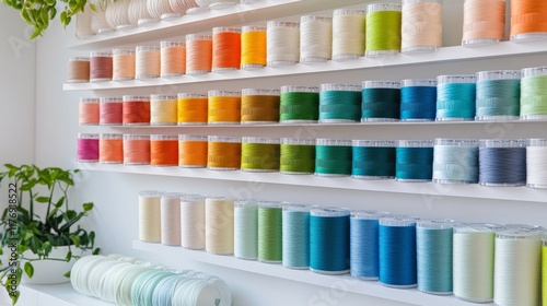coastal palette thread collection, seafoam to chartreuse spools, minimalist display design, vibrant color spectrum, pristine white environment, contemporary craft storage, harmonious color flow,