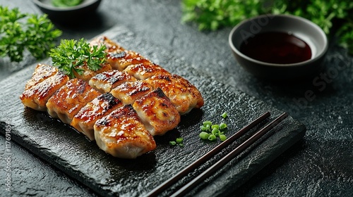 Pan-fried dumplings on slate, dark background, herbs, dipping sauce. photo