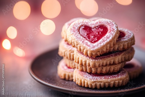 Heart shaped cookies with jelly filling forming a stack on a plate for valentine's day photo