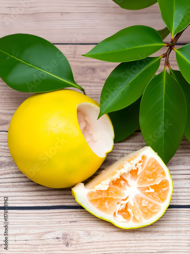 pomelo fruit on wooden background, fresh green pomelo peeled and leaf frome pomelo tree , pummelo , grapefruit in summer tropical fruit  in thailand photo