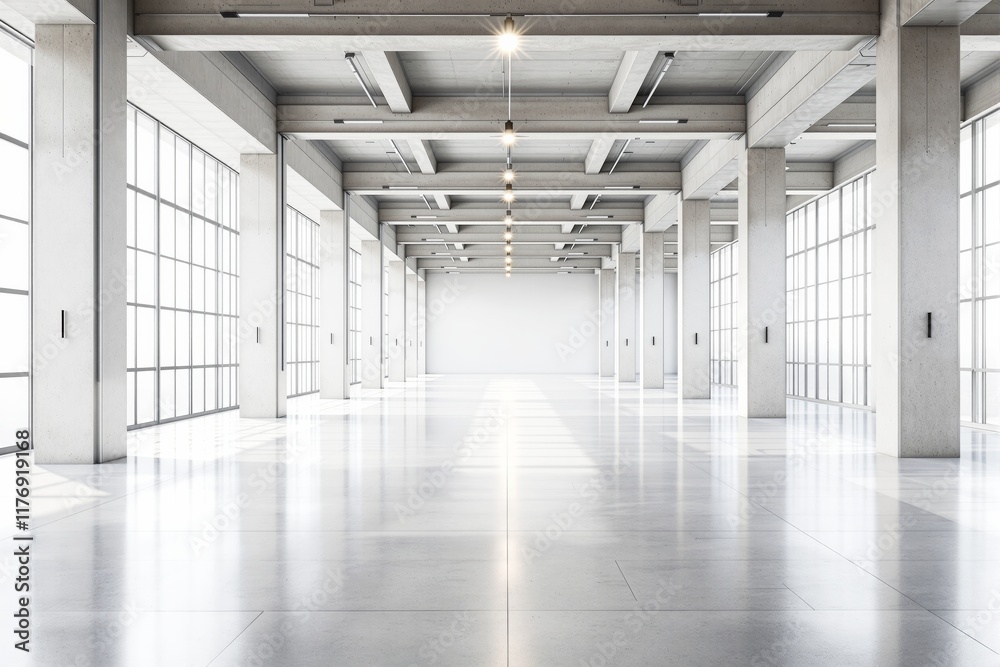 Bright empty industrial-style interior with concrete pillars, large windows, and polished floors, modern architecture, white background, concept of workspace. Ai generative Bright empty industrial-style interior with concrete pillars, large windows, and polished floors, modern architecture, white background, concept of workspace. Ai generative