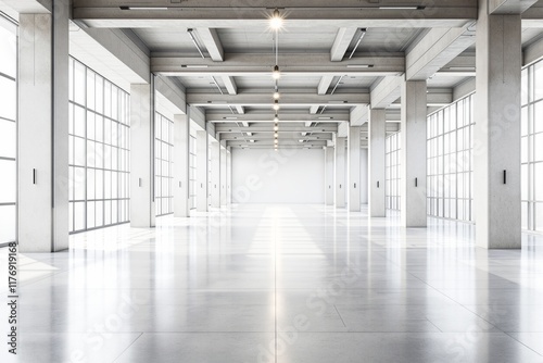 Bright empty industrial-style interior with concrete pillars  large windows  and polished floors  modern architecture  white background  concept of workspace. Ai generative