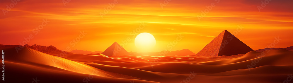 Fototapeta premium A stunning sunset over ancient pyramids, surrounded by golden sands, creating a serene and mystical atmosphere in the desert.