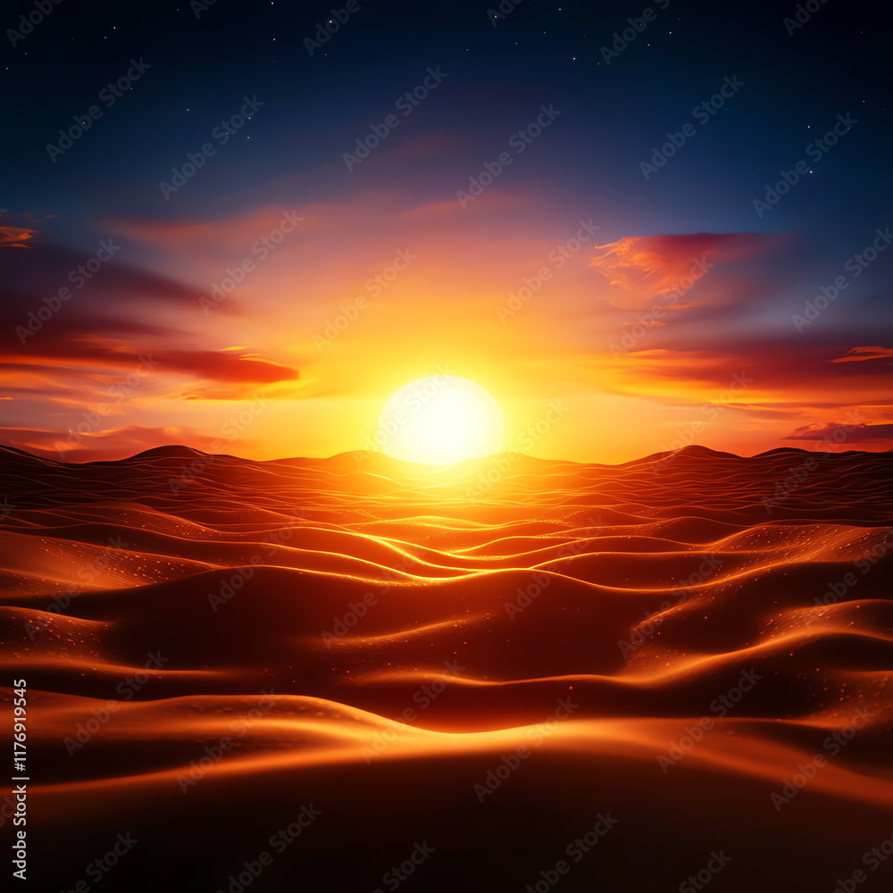 Fototapeta premium A stunning sunset over rolling sand dunes, showcasing vibrant orange and blue hues in the sky.