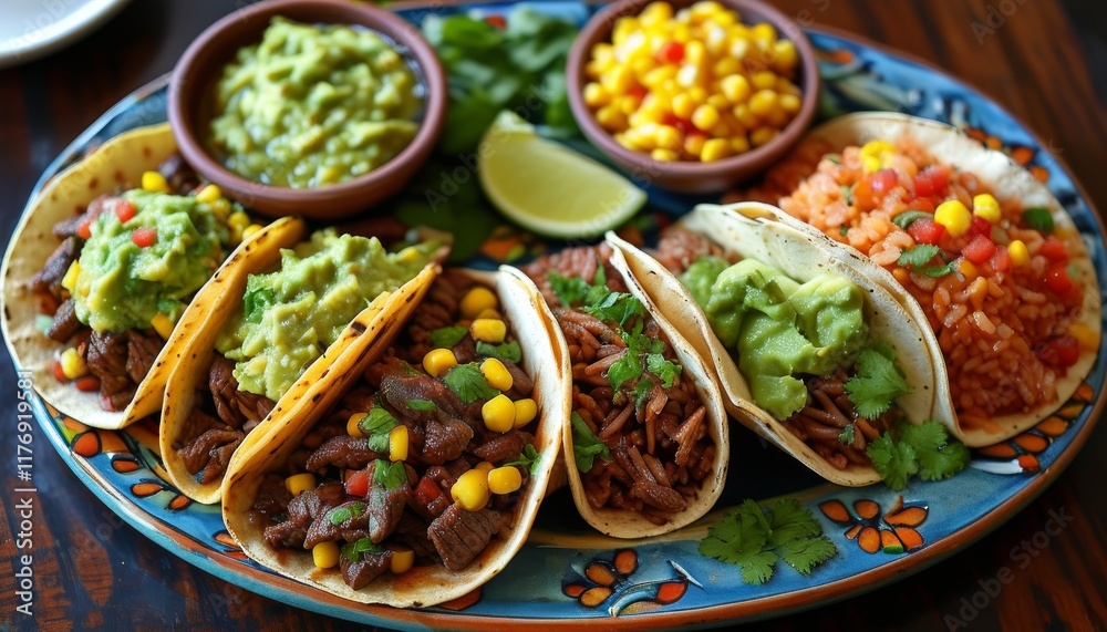 Delicious Beef Tacos with Guacamole and Salsa on Colorful Plate for Fiesta Celebration Party Delicious Beef Tacos with Guacamole and Salsa on Colorful Plate for Fiesta Celebration Party