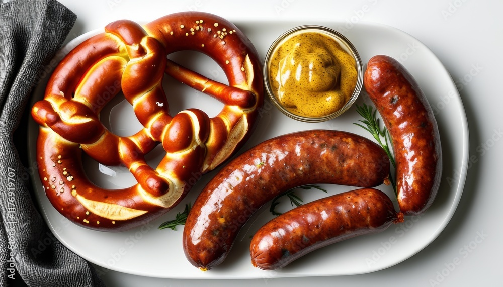 Delicious Weisswurst and Pretzels with Mustard on a White Platter for Breakfast or Snack