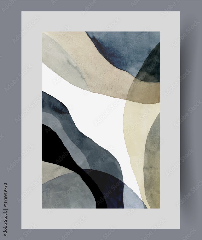 Nordic collage with abstract elements in contrasting shades, on minimalist poster. Work of art with composition in Nordic or Scandinavian style, for exhibition of retro creativity in art gallery