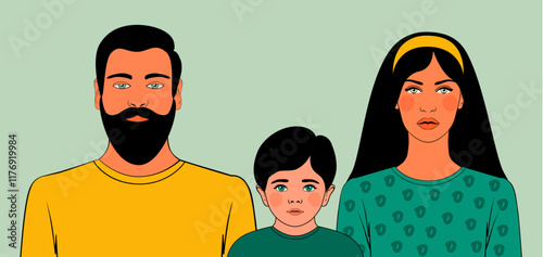 Color illustration of a young family with a little boy. Married couple with a child. Cartoon style. Vector illustration