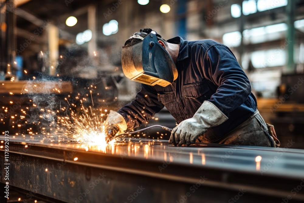 Industrial Welder at Work: Sparks Fly in a Metal Fabrication Factory Industrial Welder at Work: Sparks Fly in a Metal Fabrication Factory