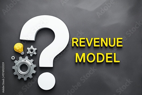 Large white question mark, metallic gears, yellow bulb on a dark textured background, symbolizing innovation and revenue model concepts. Ai generative