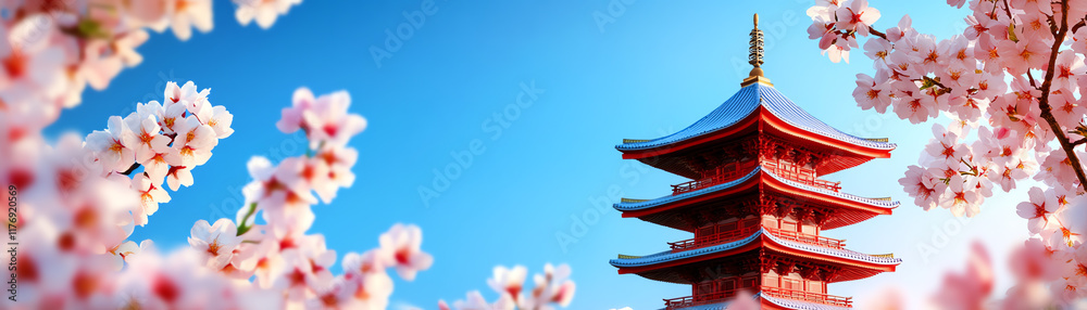 A stunning view of a traditional pagoda surrounded by beautiful cherry blossoms under a clear blue sky, embodying tranquility and beauty.