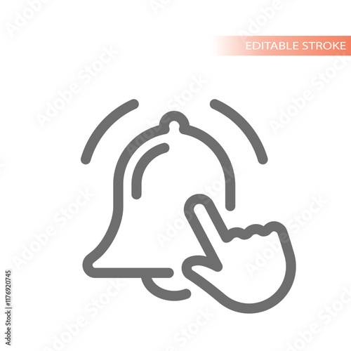Mouse hand and ringing bell. Touch or click cursor vector line icon.