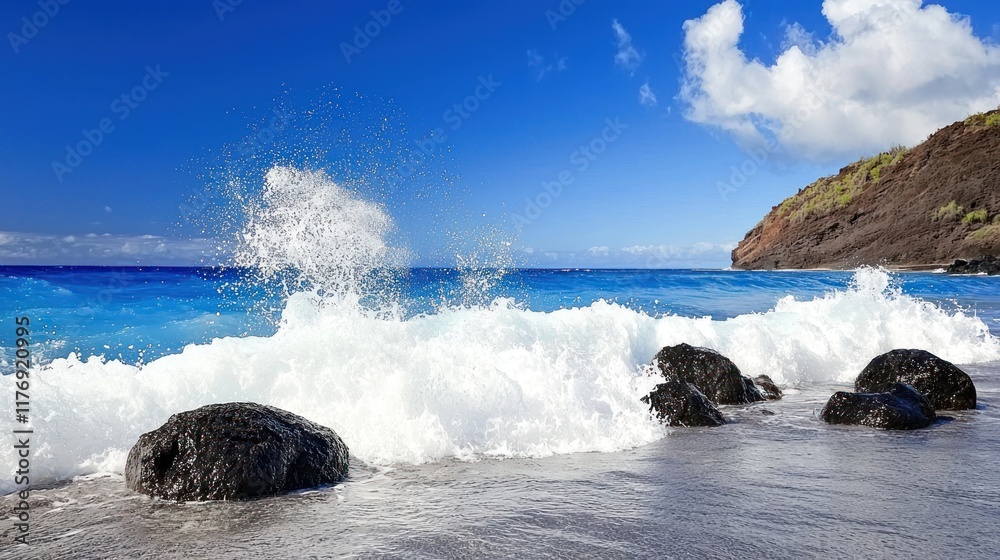 Fototapeta premium Waves crashing on rocky shore under a clear blue sky.