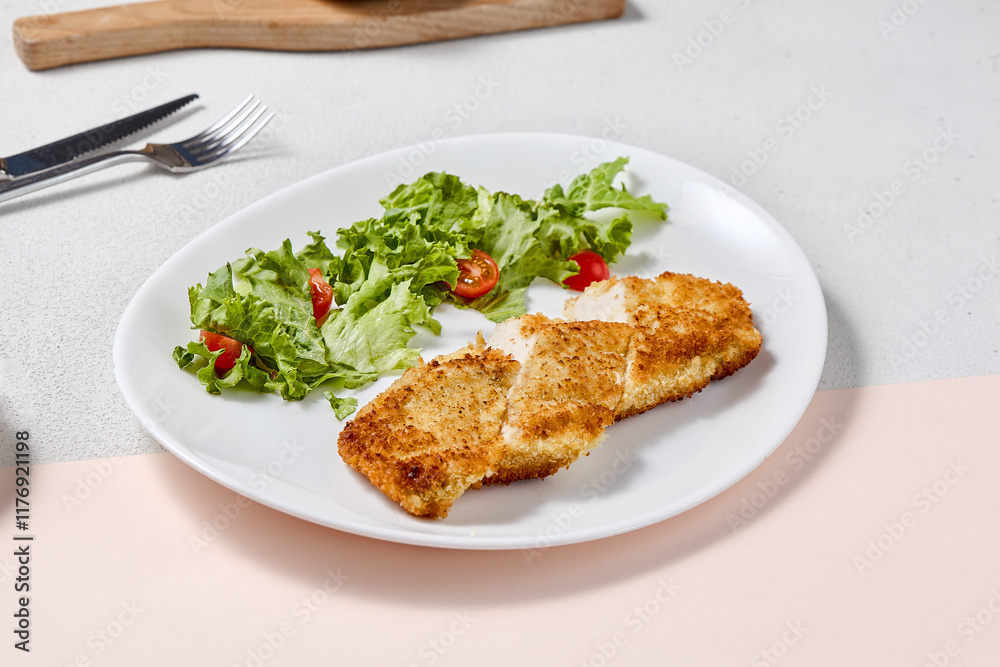 Crispy Chicken Fillet with Cheese Crust and Fresh Salad in Minimalist Style Crispy Chicken Fillet with Cheese Crust and Fresh Salad in Minimalist Style