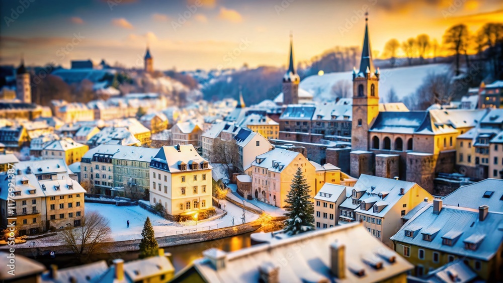 Obraz premium Luxembourg City Winter Wonderland: Tilt-Shift View of Spuerkees Clock Tower