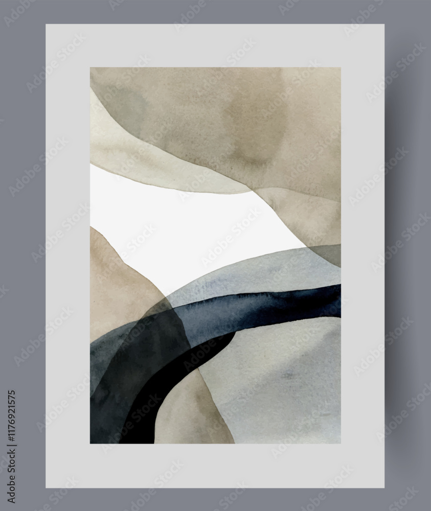 Scandinavian artwork with abstract watercolor figures intertwined with each other. Scandinavian collage in modern minimalist style to decorate walls of room in apartment or office. Print, poster