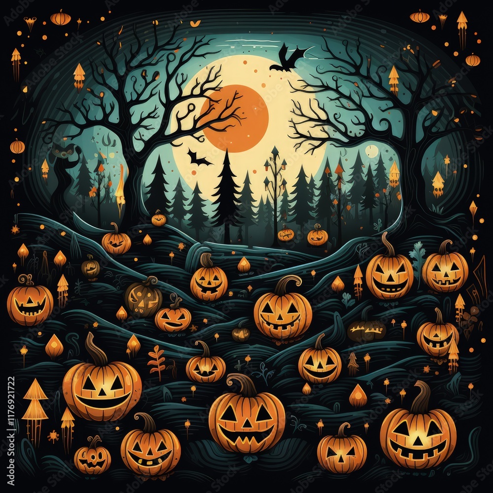 Fototapeta premium Minimalistic Halloween Vector Art Featuring Bats and Pumpkins in a Spooky Pattern