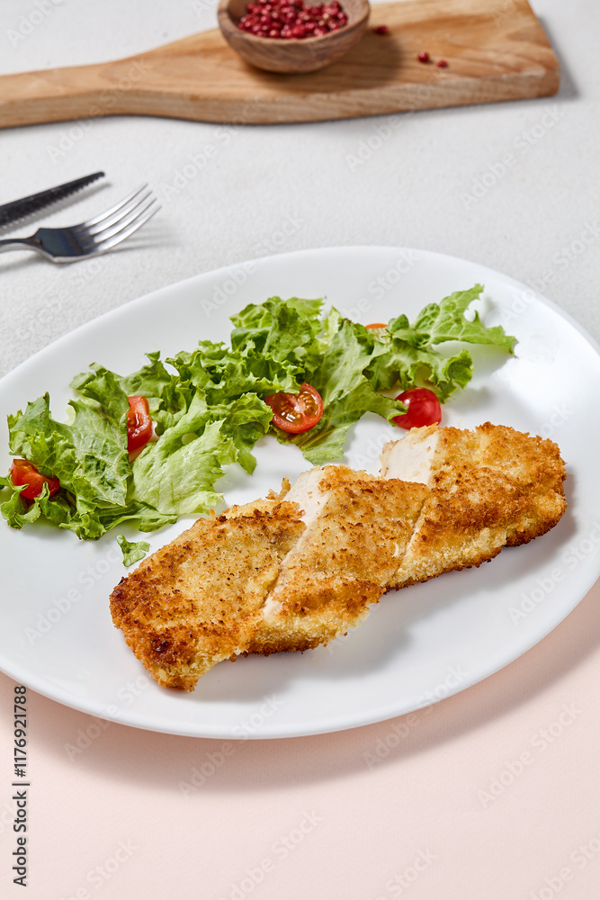 Crispy Chicken Fillet with Cheese Crust and Fresh Salad on Elegant White Plate Crispy Chicken Fillet with Cheese Crust and Fresh Salad on Elegant White Plate