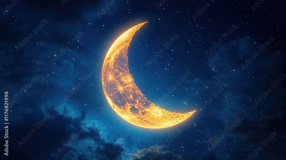 Fototapeta premium A glowing crescent moon shines brightly against a starry night sky, creating a serene and mystical atmosphere.
