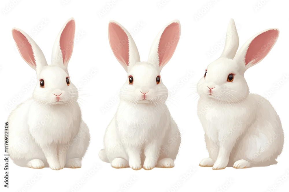 Cute white rabbits sitting together in a charming and playful manner in a bright setting Cute white rabbits sitting together in a charming and playful manner in a bright setting