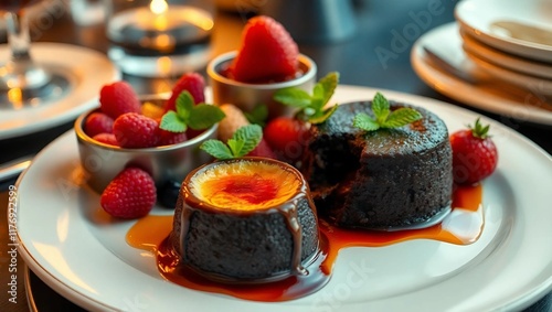 Wallpaper Mural A decadent dessert platter featuring a velvety dark chocolate lava cake with molten center, a perfectly baked crème brûlée with caramelized sugar crust Torontodigital.ca