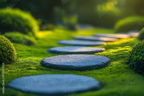 A serene stone pathway set in a vibrant green mossy garden with sunlight streaming through photo