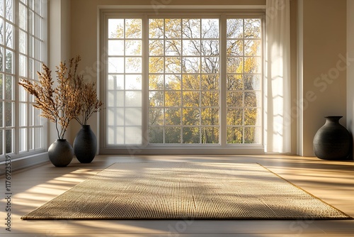 A minimalist room with a large woven mat, soft natural light, and modern decor