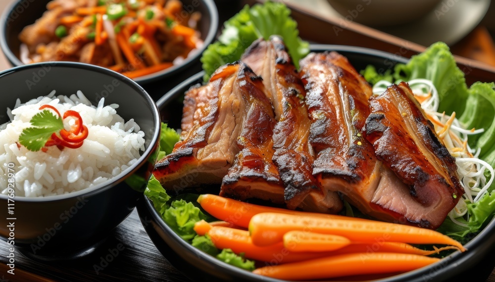 Grilled Vietnamese Pork Belly Garnished with Fresh Vegetables and Rice on a Black Plate Grilled Vietnamese Pork Belly Garnished with Fresh Vegetables and Rice on a Black Plate