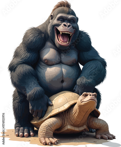 Vector image of a very fat and funny gorilla laughing on top of an ancient turtle statue.