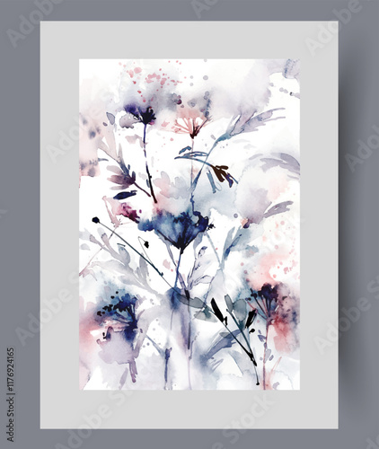 Field plants and grasses with splashes paint symbolize diversity of nature and environment on wall art. Watercolor artwork. Poster with wild plants and fragrant flowers, in frame with decor for print