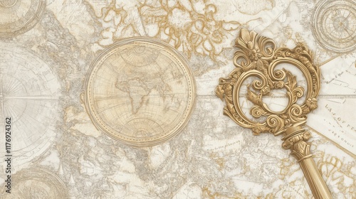 Wallpaper Mural Vintage World Map with Ornate Gold Key: An Exquisite Exploration Theme Wallpaper Torontodigital.ca