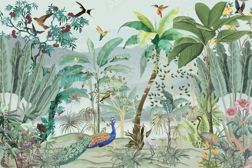 Wallpaper, Watercolor Mural,Wall Painting,Watercolor Background, Peacock, birds.