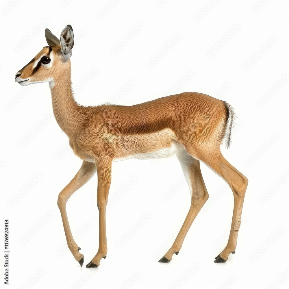 Naklejka premium Side view of a young impala walking against a white background